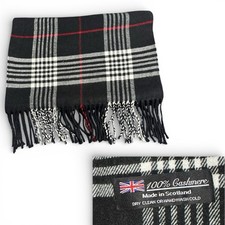 100 Cashmere Luxury Scarf Made In Scotland Plaid 74x12 Fringe Black White Red