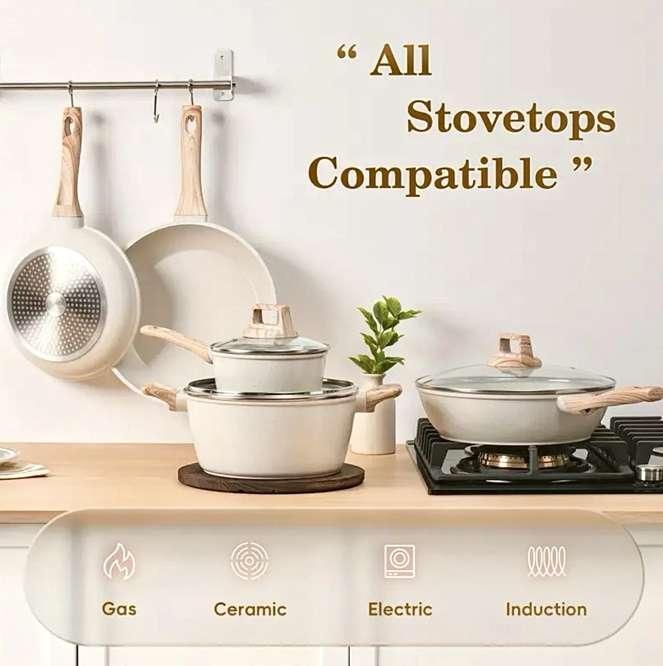 Non-Stick Cookware Set-Wood Handle Pots & Pans – 12 Pieces NonStick-500F