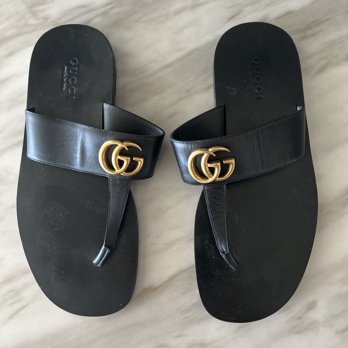 GUCCI Leather Thong Sandal w/ GG - Black Nero - Size 7 