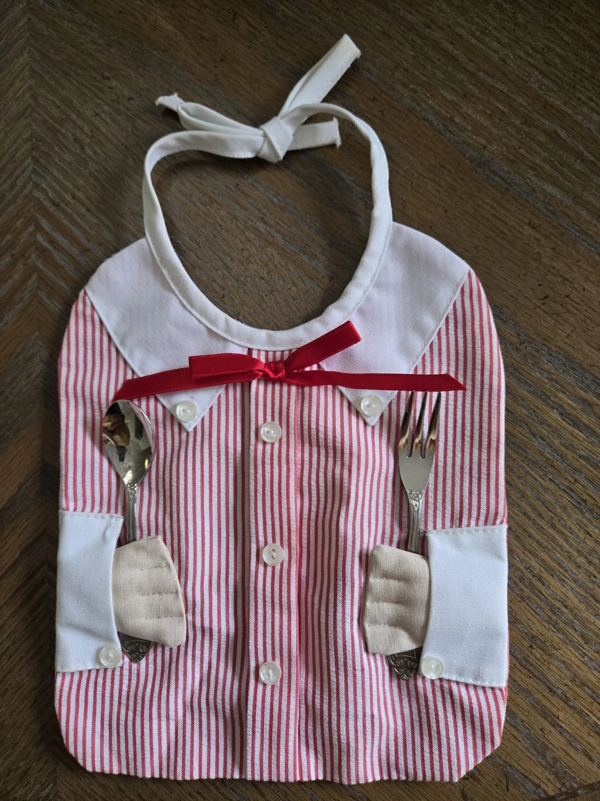 RARE Vintage Manuela Baby Bib Cotton Striped Infant Bib w/Silverware