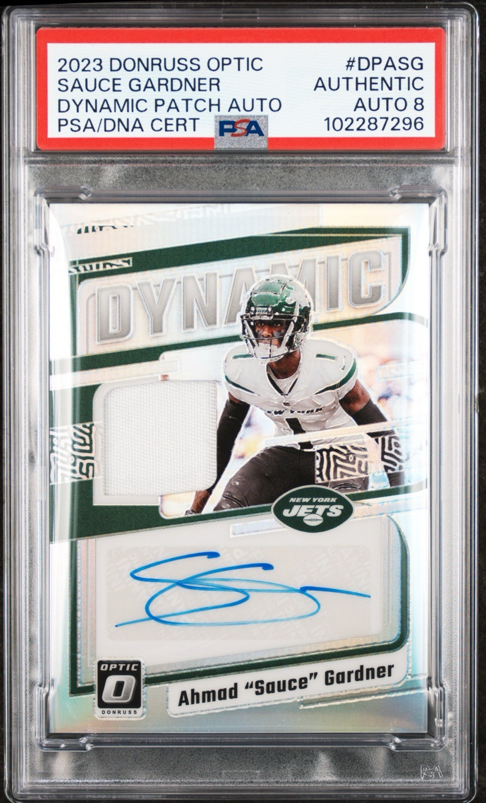 2023 Donruss Optic Holo Ahmad Sauce Gardner Dynamic Patch Auth Auto PSA 8 Pop 1!