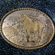 Vintage Two Tone Metal Oval Quarter Horse Belt Buckle Made In USA