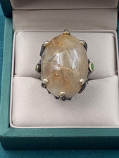 Statement Blackened Sterling Silver Size 9 Ring w. Large Rutilated Tan Cabochon