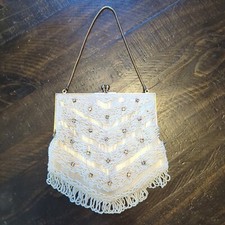 Vintage White Beaded Evening Bag Kiss Lock Gold Handle Hand Made In Hong Kong