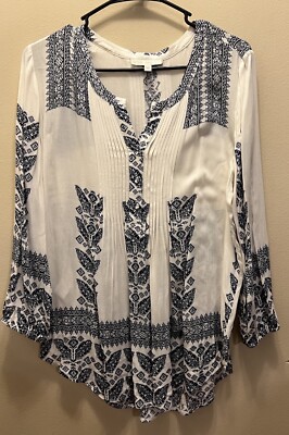 Pale Sky Amely Split Neck Top Large Blue White Boho Style Placket Front Rayon