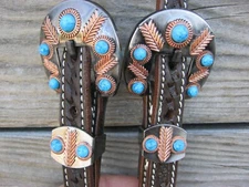 West 74 Dark Brown Leather 5/8" One Ear Feathered Turquoise Buckles Headstall