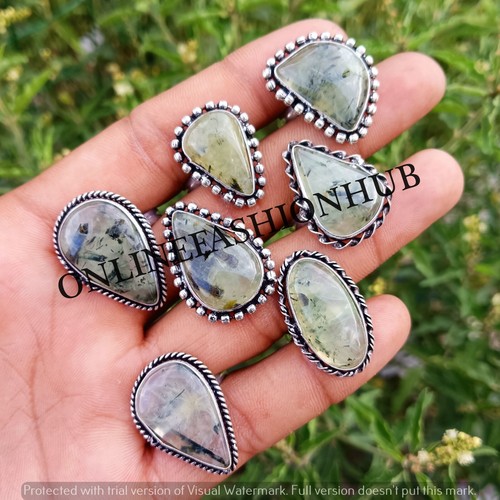 Exclusive Prehnite Gemstone 925 Sterling Silver Plated Wholesale Fancy Rings Lot - Picture 2 of 3
