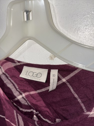 LOGO Lori Goldstein Top Donna 10 Viola Borgogna Beige Plaid Peplum Lungo Slv - Foto 2 di 5