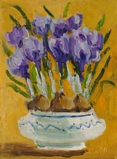 Crocus Original Painting Abastract Flowers Bouquet in Vase Wall Art Purple Flowe