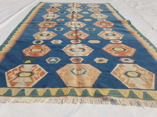 Distressed Fine Vintage Traditional Hand Made Oriental Wool Blue Kilim 194x121cm