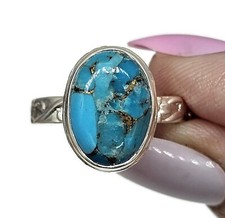 Blue Turquoise Ring, Size Q, Sterling Silver, Oval Shape, Copper Turquoise