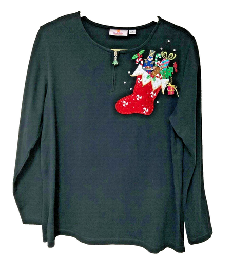 Quacker Factory 1/2 Zip Weihnachtspullover Oberteil Damen M schwarz Verzierung Xmas - Bild 2 von 7