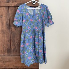 NEW Loft Dress Womens 4 Linen Blend Puff Sleeve romantic Blue Floral Cottagecore