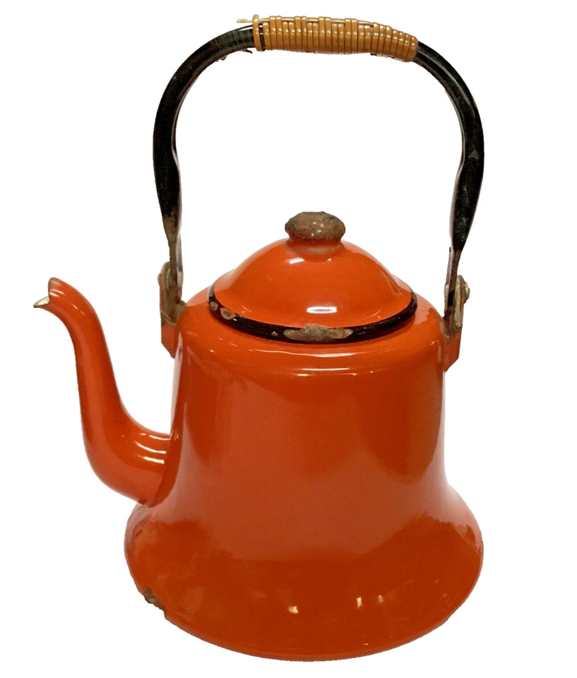 Teiera/Ketli vintage in metallo 5,5 pollici smalto arancione e bianco 7 polli... - Immagine 2 di 4