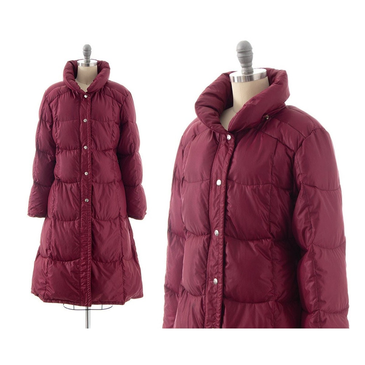 Vintage 1980s Puffer Coat 80s Down Quilted Burgundy Long Winter 
