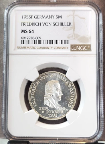 1955 GERMANY SILVER 5 MARK FRIEDRICH VON SHILLER NGC MS 64 EXTREMELY RARE BU