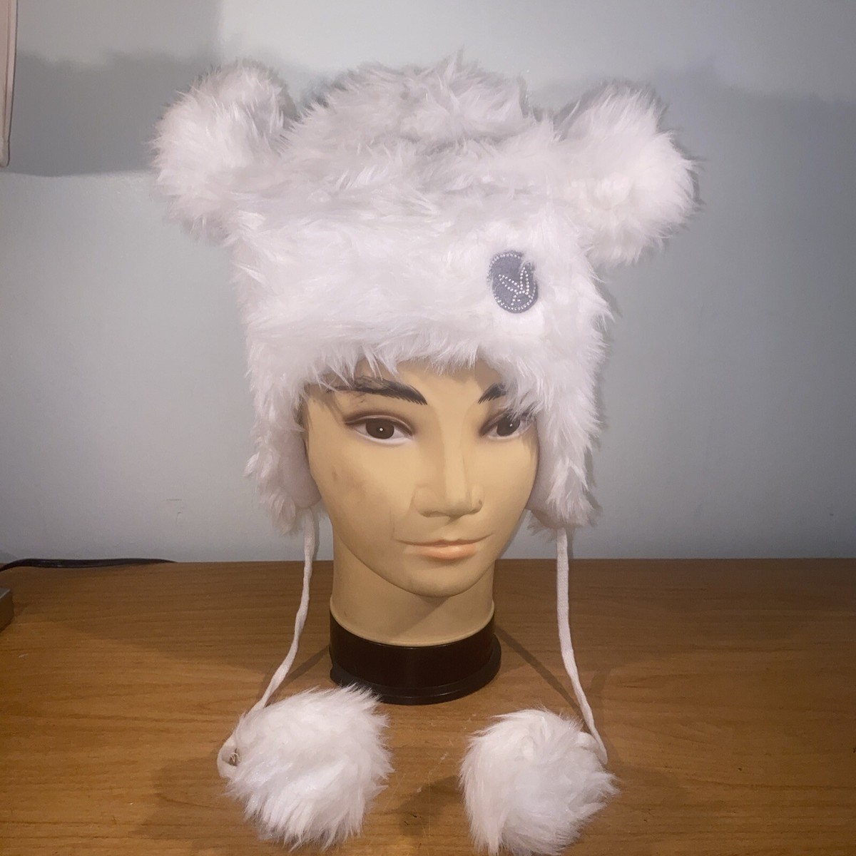 Playboy White Fur Polar FLeece Lined Bomber Beanie Sequin Logo