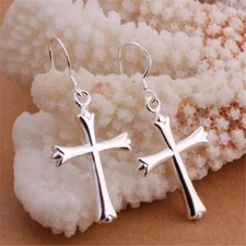 925 Sterling Silver Cross Dangle Drop Hook Hoop Earrings Men Women E37