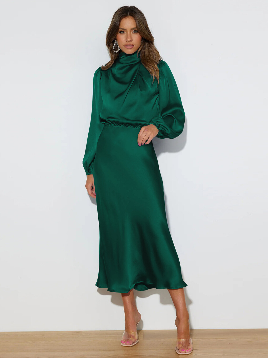 Women's Mock Neck Satin Dress Long Sleeve High Waist Cocktail Party Maxi Dresses