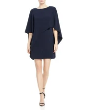 Halston Heritage Asymmetric Drape Cape Dress Size 14 Navy Crepe Capelet Sleeve