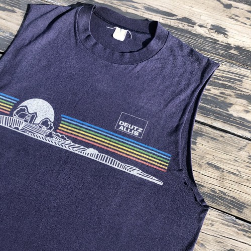 Vintage 80s Deutz Allis Single Stitch Tee Rainbow Stripe Velva Sheen T Shirt 42 - Picture 4 of 7