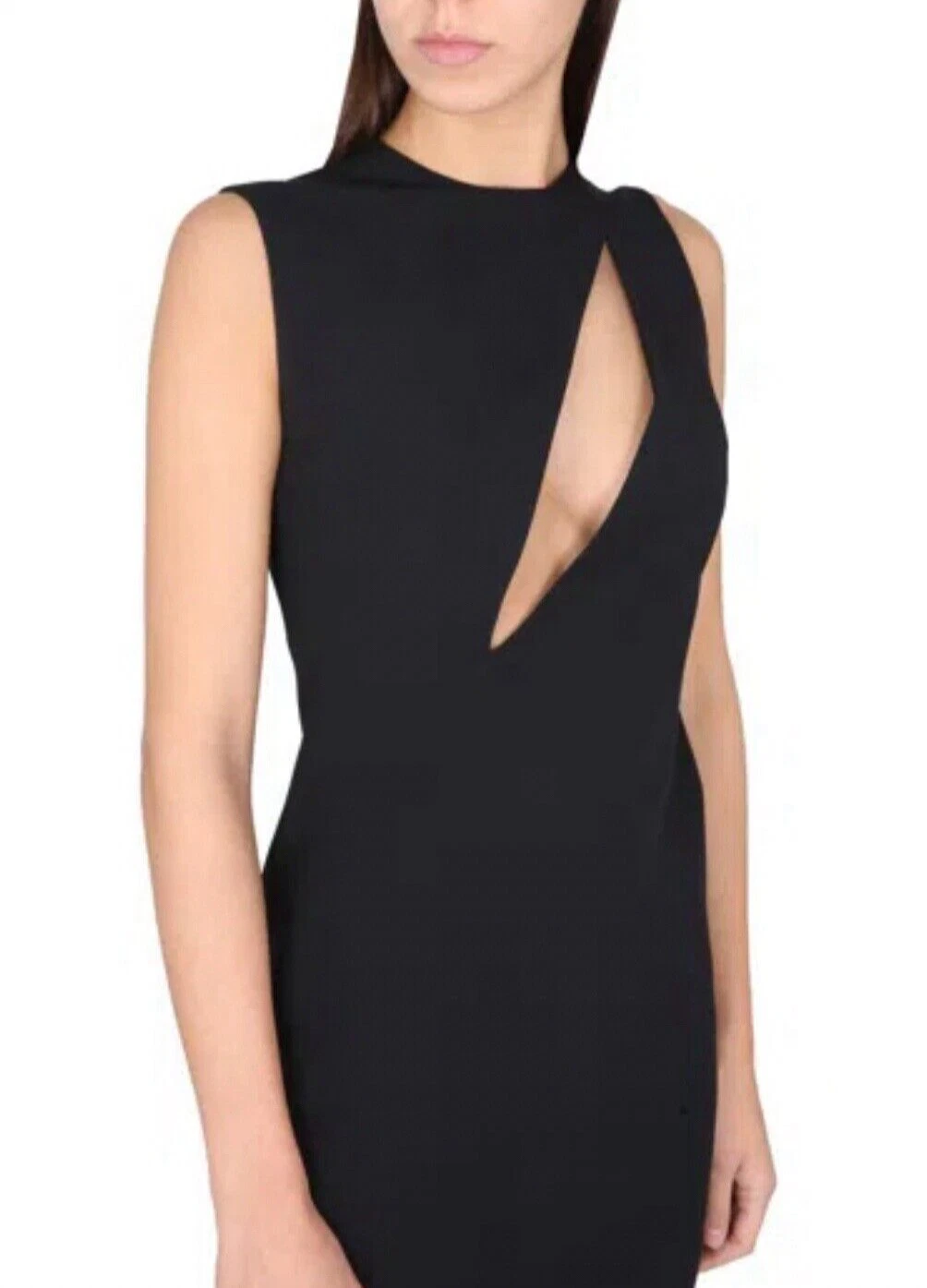 *VERSACE* Runway S S 2023 abito midi nero taglio smussato senza maniche nuovo con etichette IT 36