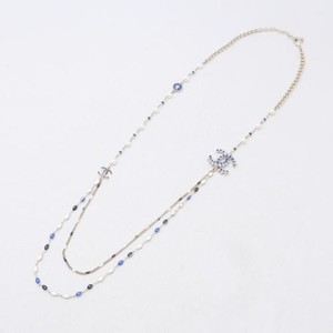 Authentic CHANEL Coco Mark ㏄ Pearl Stone Long Necklace Gold Plated Chain Blue White Boxe
