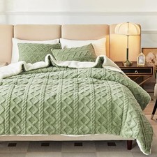 3-Piece Fluffy Faux Fur Sherpa Comforter Set Queen Size Queen 88"x88" Green