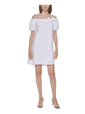 CALVIN KLEIN Womens White Bow Lined Short Sleeve Shift Dress 4