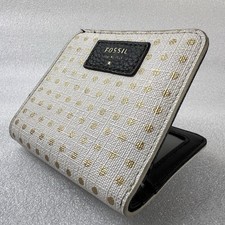 Fossil Wallet White  Gold Polka Dots Leather Small Womens Compact Bifold