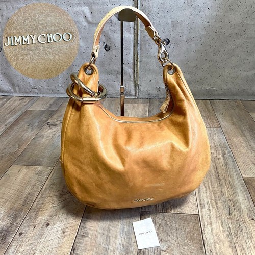 JIMMY CHOO Leather Hobo Tote Bag Camel Brown Spacious A4 Authentic