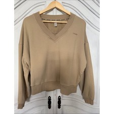 DKNY Sport Women's Beige V-Neck Sweatshirt Size XL Athleisure Comfy Neutral
