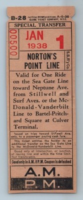 BMT Brooklyn Manhattan Jan 1, 1938 Norton's Point Line S.B. R'y Co Ticket #00500