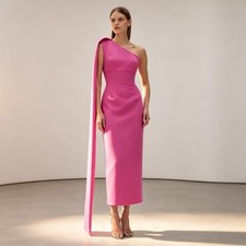Midi Cocktail Tea Length One Shoulder Prom Party Gowns Back Split Evening Dress