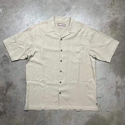 Vintage Silk Camp Collar Loop button up shirt Tan Beige Large Paradise