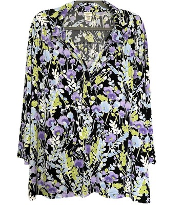 Covington Women s Size 24-26 Multicolor Floral V-Neck 3/4 Sleeve Pullover Top