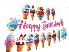 Ice Cream Party Banners 3Pcs Happy Birthday Garland Bar Banners for Boy Girls Th