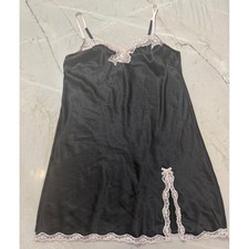 Victorias Secret Black Satin Lace Trim Slip Dress Pink Bow Chemise Nightie Sz M