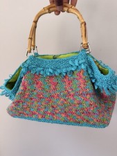 Multicolor Geometric Top Handle Bag Bamboo Handles Fringe Green Lined Pockets