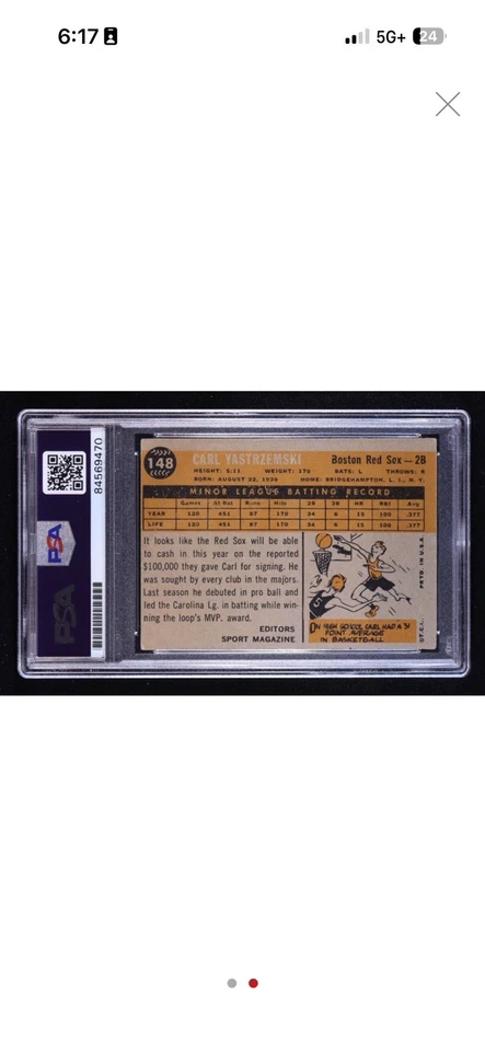 1960 Topps - Revista deportiva 1960 estrella novato Carl Yastrzemski #148 (RC) Foto 2 de 2