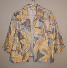 Alfred Dunner Yellow Gray Floral Collared open front blazer 3/4 Sleeve 14P