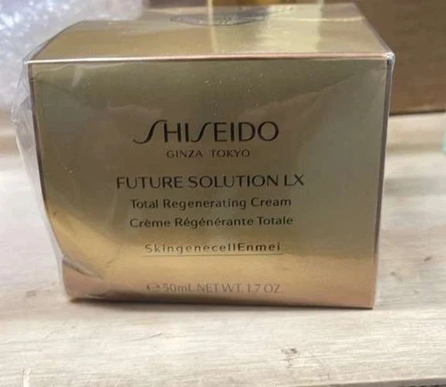 Rectangular gold box of Shiseido Future Solution LX Total Regenerating Cream 50ml/1.7 oz with white text on front.