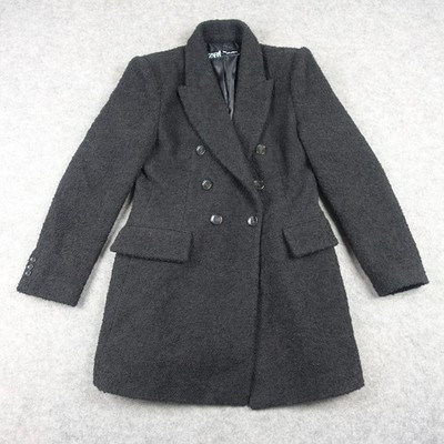 Zara Coat Womens Large Black Boucle Wool Double Breasted Longline Tweed Lined
