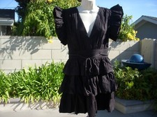 Ulla Johnson CAMILLA Noir Black Cotton Pintuck Poplin Mini Ruffle Dress Size 6