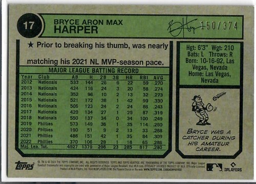2023 Topps Heritage Chrome Refractor Silver #17 Bryce Harper NM-MT 150/ ID:75692 - Picture 2 of 2