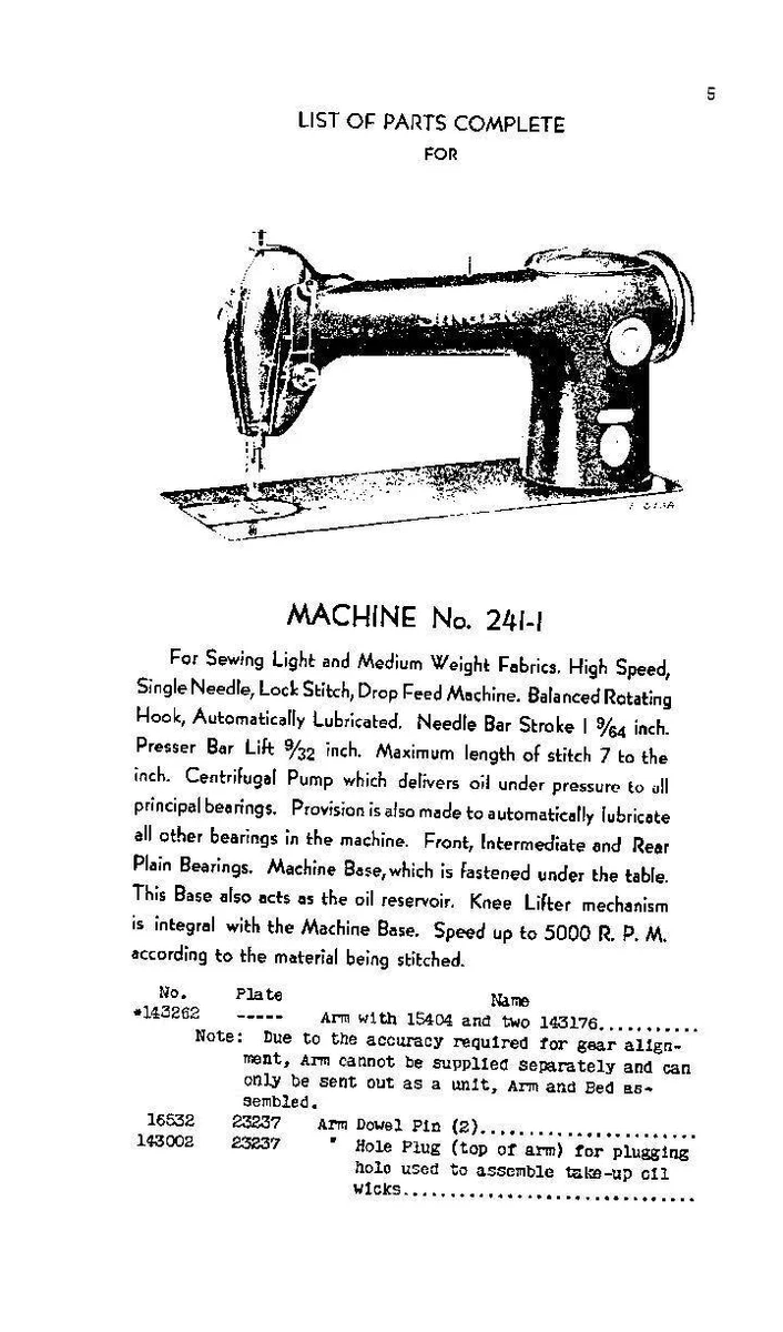 Parts List Manual, on CD, for Servicing Singer Sewing Machines 241-1 241-2  241-3