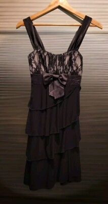 Y2K Deb Black Satin Sleeveless Milkmaid Tiered Dress Sz S Bow Lace Empire