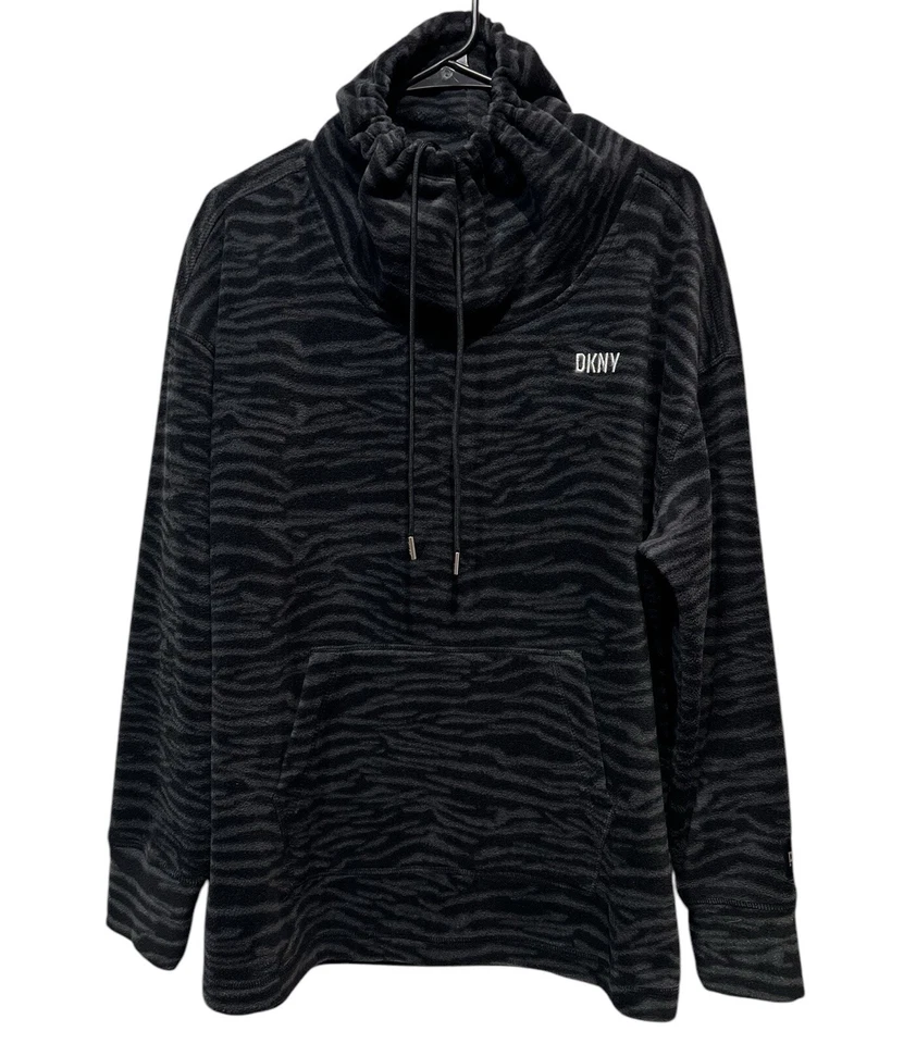 DKNY women fleece sweatshirt Animal Print Large Logo Black Gray Sweater - Image 2 of 4