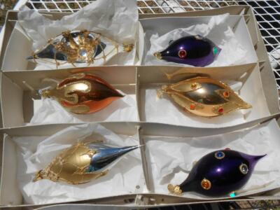VTG LOT OF 6 CHRISTMAS ORNAMENTS JUWEL HAND MADE GLITTER GLASS TEADROP