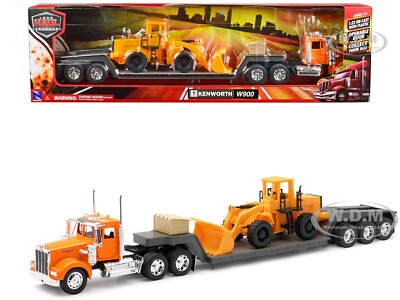 KENWORTH W900 W/LOWBOY TRAILER ORANGE & WHEEL LOADER 1/32 MODEL BY
